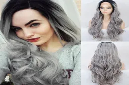 Ombre Grey Long Wavy Wig Synthetic Lace Front Wig Silver Black Roots to Grey Wigs for Women Middle Part Heat Resistant Fiber Soft7463147
