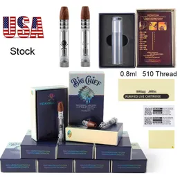 USA Stock Big Chief 10 Strains Vape Cartridges Atomizers Empty Packaging Box 0.8ml Ceramic Coil Cart Glass Tank 510 Thread Thick Oil Dab Wax Vaporizer E Cigarettes