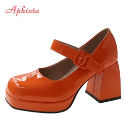 Aphixta 2023 New Platform Square Toe Pumps Women Shoes 7cm Chunky Heels Orange Anti-drop Pimp Buckle Pumps Plus Big Size 35-45