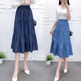 Skirts Denim Womens 2023 Spring Elastic High Waist Button Shirring Patchwork Ruffle Long Maxi Skirt Beho Jeans Falda Howdfeo