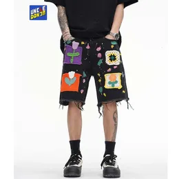 Mens Jeans Graffiti denim shorts pathches flower jeans men vibe style baggy streetwear cargo pants y2k for unisex 230606