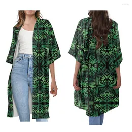 Kvinnors stickor Kvinnor Öppna frontrock Polynesiska stamkläder Samoan Designs Green Tapa Flower Print Custom Kimono Cardigan Women