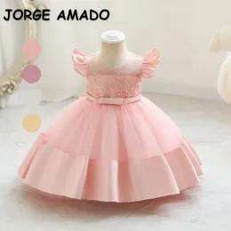 Girl Dresses Summer Kid Party Dress White Pink Champagne Bean Paste Color Round Collar Flare Sleeves Princess Formal Clothes E012