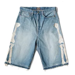 Herren Jeans Kapital Hirata Hohiro Lose entspannte Hosen bestickte Knochenwäsche verwendet Rohkante Denim Shorts für Männer und Frauen lässig 230606