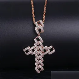 Collane con ciondolo Uomo Oro 18 carati Bianco Cz Zircone cubico Collana con croce ghiacciata Catena Fl Diamante Lusso Hip Hop Rapper Gioielli Regali F Dhl6E