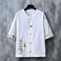 Men's Casual Shirts Chinese Round Button Linen Shirt Men's Summer Bamboo Leaves Embroidered Tang Tops Loose Large Size T-shirt Japanese