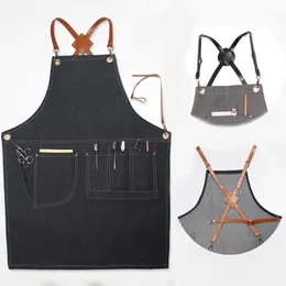 Aprons Denim Leather Simple Uniform Unisex Adult Jeans Aprons for Woman Men Male Lady Kitchen Barber Cooking Pinafores346v