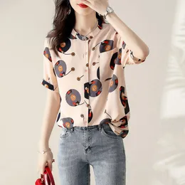 Shirt Korean Fashion Pockets Button Print Shirts Woman 2022 Summer New Office Lady Commute Allmatch ONeck Short Sleeve Casual Blouse