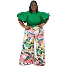 Ethnic Clothing 2023 Spring Elegant African Women Short Sleeve Printing Polyester Two Pieces Sets Top And Long Pant L-4XL Clothes