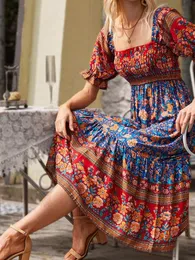 Basic Casual Dresses Latest Arrival Women'S Summer Linen Neck Boho Print Maxi Dress Short Sleeve Pleated Corsage Pattern Boho Cake Dress 230606