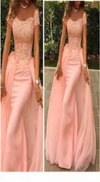 Modern Offtheshoulder Mermaid Tulle Evening Dress Floorlength Lace Applique Short Sleeves Peach Prom Dress robe de bal princess4230100