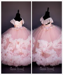 Pink Lace Beaded Flower Girl Dresses Ball Gown Hand Made Flowers Cheap Little Girl Wedding Dresses Vintage Pageant Dresses Gowns F1884443