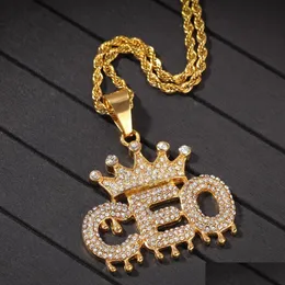 Pendant Necklaces Arrival Luxury 18K Gold Plated Bling Diamond Mens Crown Ceo Letter Pedant Necklace Iced Out Rhinestone Hip Hop Jew Dhna6