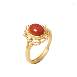 Cluster Rings S925 Sterling Silver Gold-Plated Inlaid Southern Red Agate Zircon Lace Ring Fashion Retro Women's