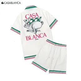 TRABALHOS MENINOS Harajuku 23SS Summer Casablanca shorts de camisetas definidas letra impressão moda feminina feminina 100% algodão casual manga curta 230607