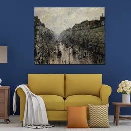 Quadro su tela Camille Pissarro Pittura Boulevard Montmartre Foggy Opera d'arte fatta a mano Decorazione vibrante per cantina