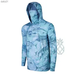 Pelagic Fishing Shirts Mask Summer Outdoor Men Long Sleeve T Shirt Fish Shirt Sun Protection Breathable Hooded Angling Clothing L230520