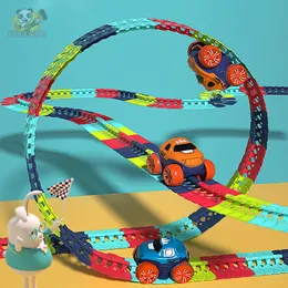 Diecast Model Rechargeable Kids Track For Boy Flexible with LED LightUp Race Car Set Antigravity Assembled Gift for Kid 230605
