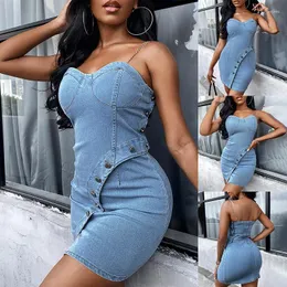 Casual Dresses 2023 Sexy Women Summer Sundress Solid Color Chain Linked Button Front Sleeveless Bodycon Denim Cami Dress Loungewear