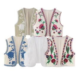 Kvinnors västar vintage blommor broderad 2023 Öppna västmidja damer National Style Vest Jacket Outfits Casual Vacation Crop Top Seven Colors