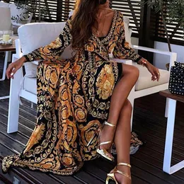 Kvinnors boho v-ringning tryckt sundress lång maxi klänning för sommar långärmad vintage klänningar täcker hemmantal ge gåvor