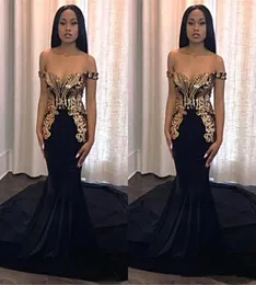 African Mermaid Black Prom Dresses Long Gold Appliques Elegant Off Shoulder Custom Black Girls Evening Gowns Celebrity Runway Dres2217620