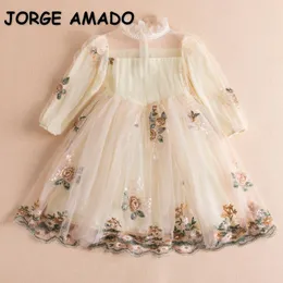 Girl Dresses Spring Baby Dress Round Collar Beige Pink Long Sleeves Embroidery Princess Party Wedding Formal Clothes E19241