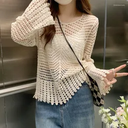 Women's Blouses French Vintage Chic Tshirts Woman 2023 Summer Knitted Hollow Out Blusas Juveniles Mujer Long Sleeve Blusen Damen Drop