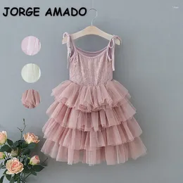 Girl Dresses Summer Teenager Party Pink Beige Sling Sleeveless Lace Layered Princess Dress Formal Clothes E65075