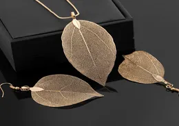 Fashion Gold Plated Women Metal Chain Sweater Real Leaf Pendant Necklace Earring Set9736811
