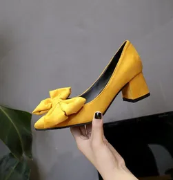 2021 Spring Autumn Pumps Shoes Med High Heel Pointed Toe Chunky Square Heel Slip On Pumps With Big Bow Sweet Women Shoes9050724
