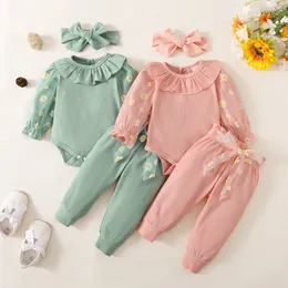 T-shirts 3Pcs Infant born Baby Girls Fall Outfit Daisy Print Long Sleeve Romper Belted Pants Headband Set Toddlers 0-18 Months 230606