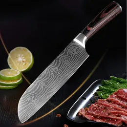 7 Inch Chef Knife Imitation Damascus Steel Sharp Cleaver Sushi Knives Wood Handle Flowing Sand Wave Pattern Kitchen Meat Knives