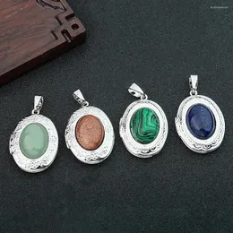 Pendant Necklaces Geometry Oval Inlay Aventurine Agate Crystal Quartz Metal Trim Opened Po Sticker Frame Woman Necklace Dangle Jewelry