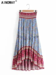 Gonne Vintage Chic Hippie Donna Stampa floreale Beach Bohemian Gonna lunga Vita alta Rayon Cotton Asymmrtrical Boho Femme 230607