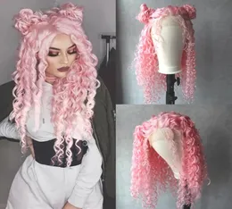 Pink Color Kinky Curly Wig Part Synthetic Lace Front Wigs Heat Resistant Fiber Hair For Africa America Black Women3843947