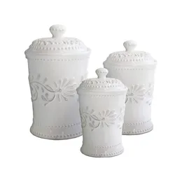Bianca Leaf White Porcelain Gange Ofty trzech kuchennych kanistrów, przechowywanie stołowe