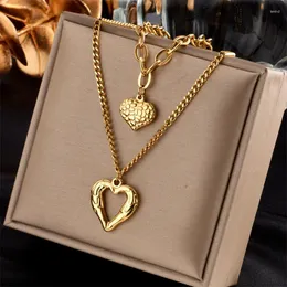 Anhänger Halsketten MEYRROYU 316L Edelstahl Doppelschichtige Liebe Herz Halskette Für Frauen Vintage Punk Goldene Schlüsselbein Kette Schmuck