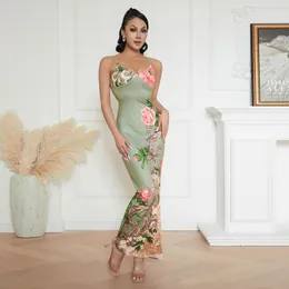 Sıradan elbiseler puloru yaz retro çiçek gövdesi uzun elbise kadın kolsuz spagetti kayışı v boyun sarılmış parti gece vestidos