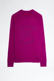 24SS Zadig Voltaire New Trend Designer Sweatshirt Slim Letter Embroidery Vintage Print Round Neck Cotton Light Purple Women Roose PulloverパーカーセータートップZV