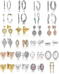 100% 925 Sterling Silver Earrings Glittering Heart Signature Round Eardrop Rose Gold Ear Studs Charm Fit Original Dangler Gifts2131113