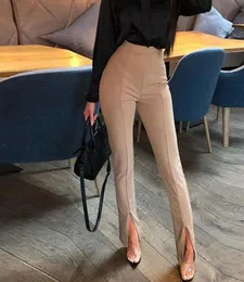 Designs Women Sexy Front Slit Pencil Pants Solid Color High Waist Elegant Casual Office Ladies Tight Trousers Workwear Black Whi1222931