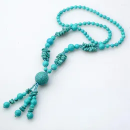 Pendant Necklaces Handmade Weave Irregular Shape Green Turquoises Stone Long Beads Chain Necklace Ethnic Style Jewelry