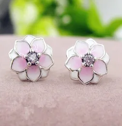 2017 Spring 925 Sterling Silver Magnolia Stud Earrings with Pink Enamel and Cz Fits European Charms Jewelry8764345