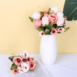 장식용 꽃 유럽 스타일 5 헤드 32cm 빨간 실크 인공 장미 꽃 결혼식 홈 장식 고품질 큰 꽃다발 가짜