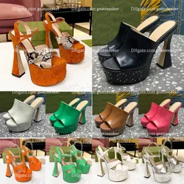 Damen-Sandalen mit ineinandergreifenden G-Nieten, Plateau-Slide-Sandale, Leder, klobige High-Heels, offener Zehenbereich, Blockabsatz, Sandale, Luxus-Designer-Schuhe, Damen-Fabrikschuhe