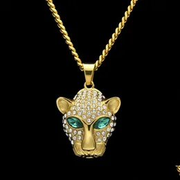Collane con ciondolo New Fashion Hip Hop Mens placcato oro Bling Green Diamond Eyes Leopard Cuban Chain Collana Cartoon Animal Jewelry Dhbt2