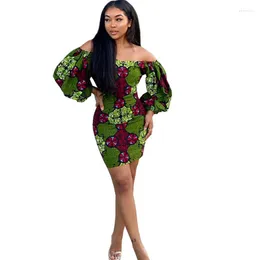 Etniska kläder dashiki afrikansk klänning kvinnor snedstreckhal lykta ärm ropa mujer modetryck sexig mager kort vestidos 2023