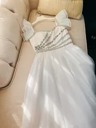 2023 Summer White Solid Color Beaded Tulle Dress Cap Sleeve Sweetheart Neck Rhinestone Long Maxi Casual Dresses J3L066935