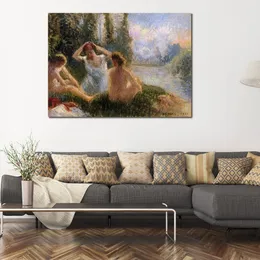 Canvas Art Impressionist Bathers Seated on River Camille Pissarro Landscape Painting Handmade Romantic Decor for Kitchen